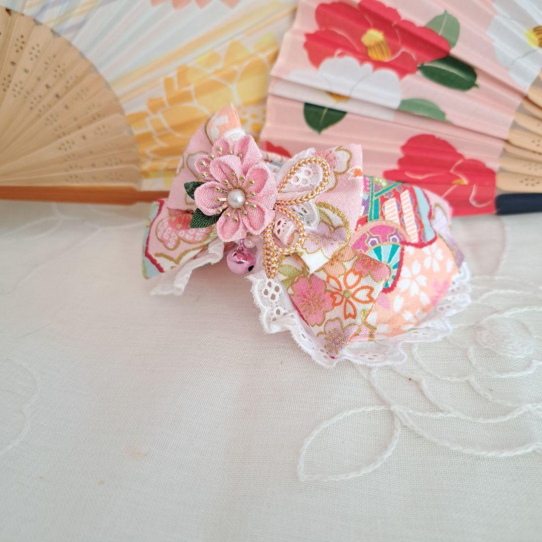 和風つまみ細工(ピンク)わんちゃん猫ちゃん用襟付き首輪