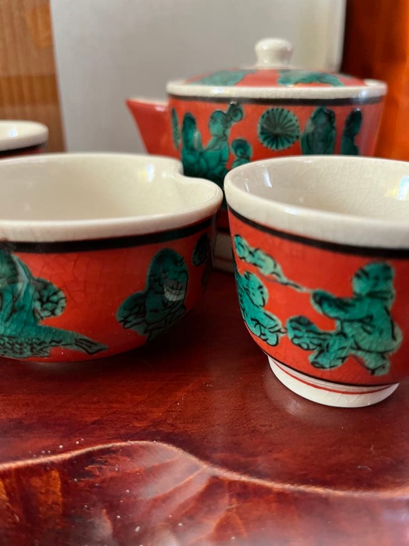 煎茶器セット　九谷松寿堂　京焼木米　木米赤　唐子