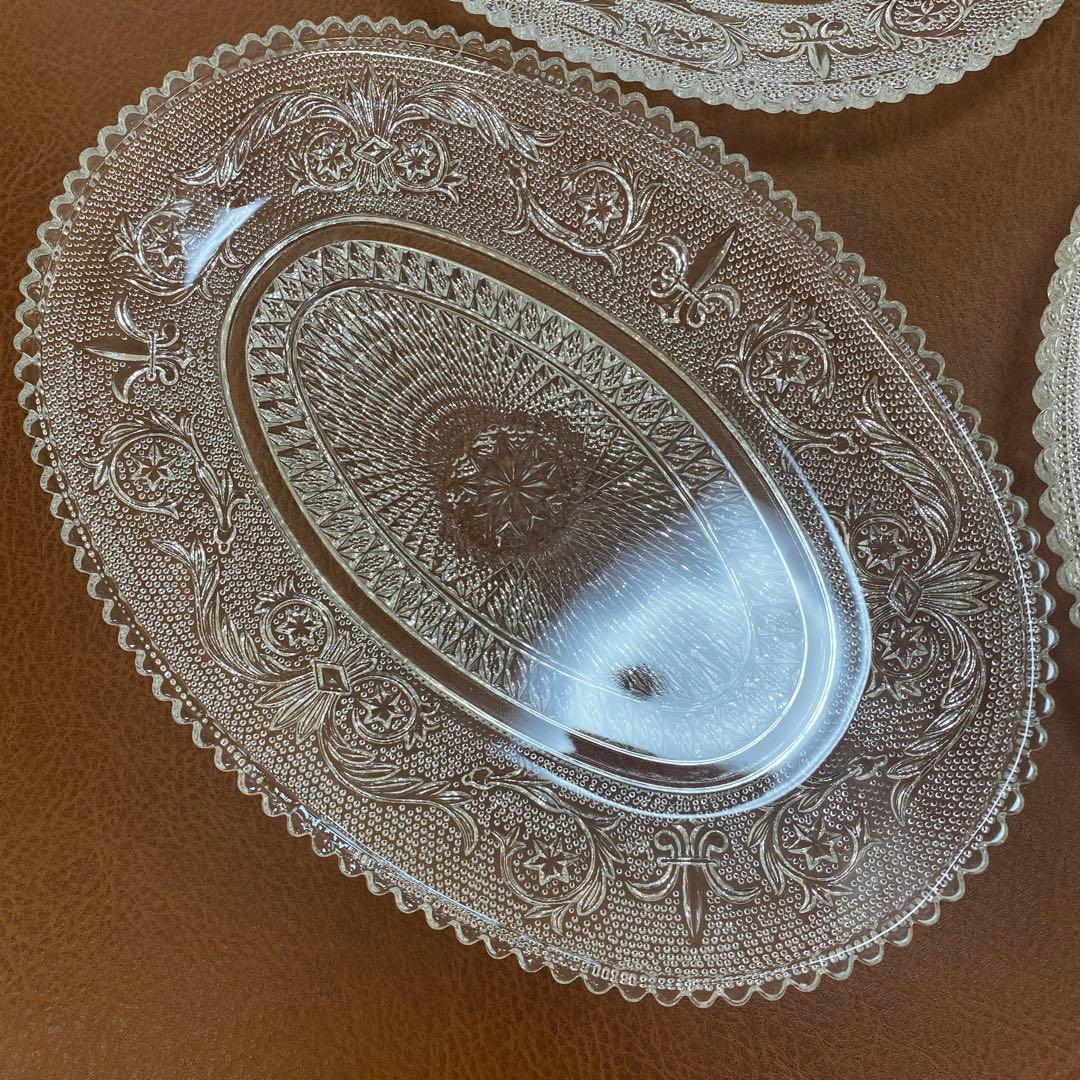 レトロ　長谷川ガラス　エリザベス　大皿　だ円皿　 銘々皿　計5枚セット　プレス