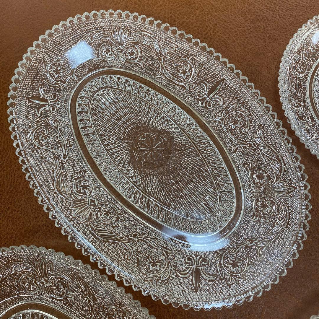 レトロ　長谷川ガラス　エリザベス　大皿　だ円皿　 銘々皿　計5枚セット　プレス