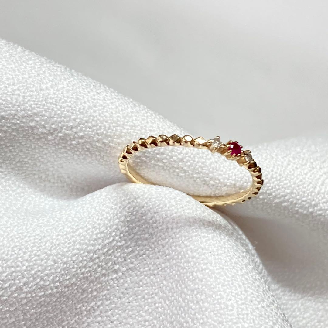 【Jouete】K10YG ルビー×ダイヤ ウェーブ ピンキーリング 3号 ✨
