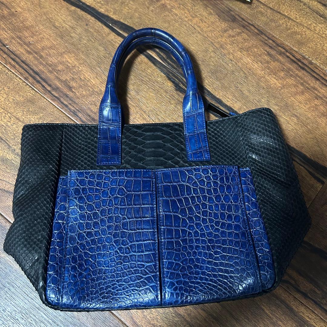 池田工芸　藍染クロコダイル×純黒パイソン　ゴルフトート