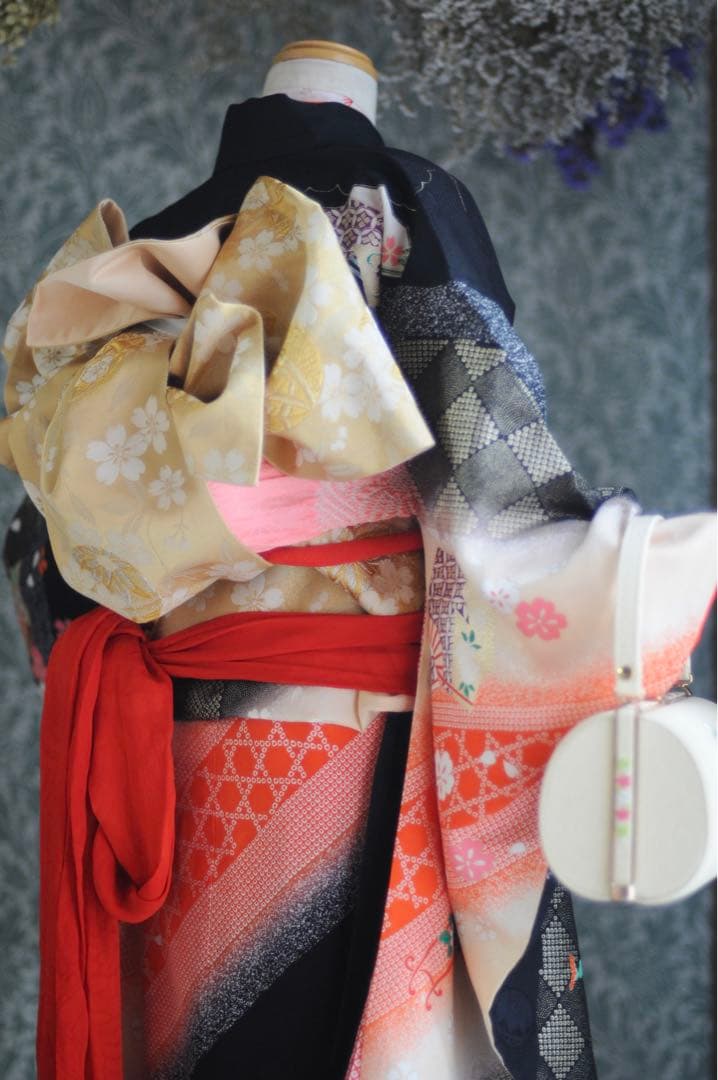 七五三 フルセット 正絹 5歳 7歳 作り帯 袋帯 ジュニア 黒 アンティーク