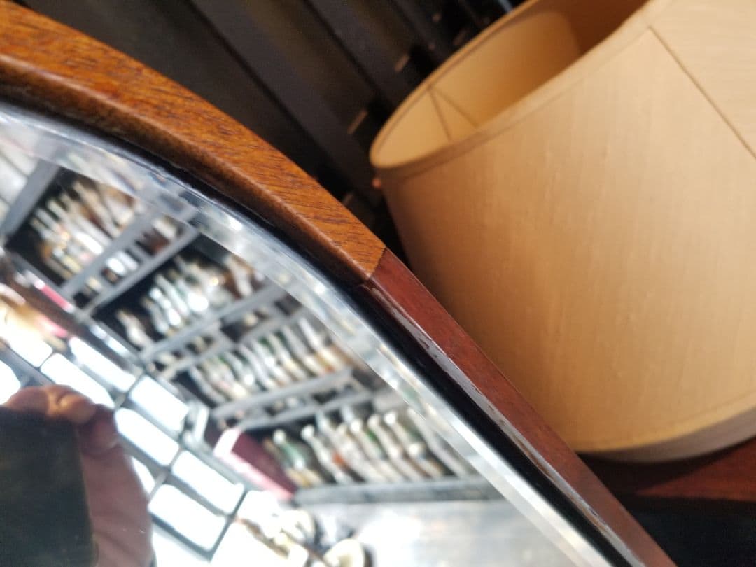 大正　年代物　浪漫　モダン　真鍮　金具　アーチ型　楔　組木　細工　スタンドミラー