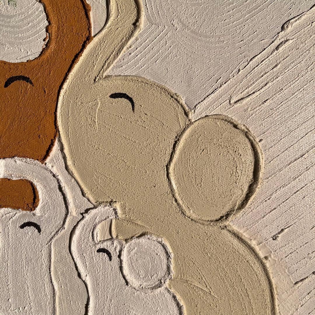 手書き 作品 象の家族 額付 肉筆絵画 インテリア 油彩+石膏