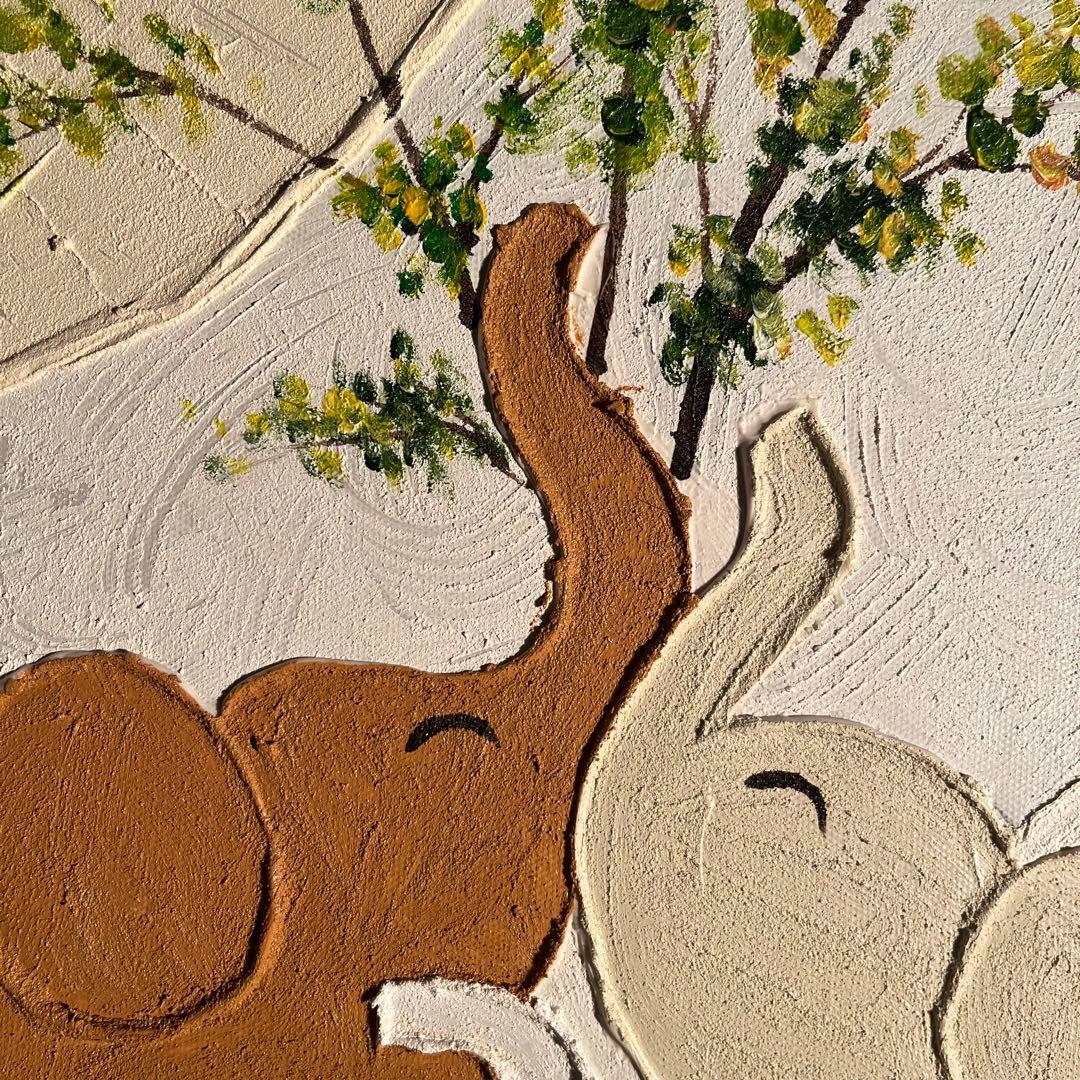手書き 作品 象の家族 額付 肉筆絵画 インテリア 油彩+石膏
