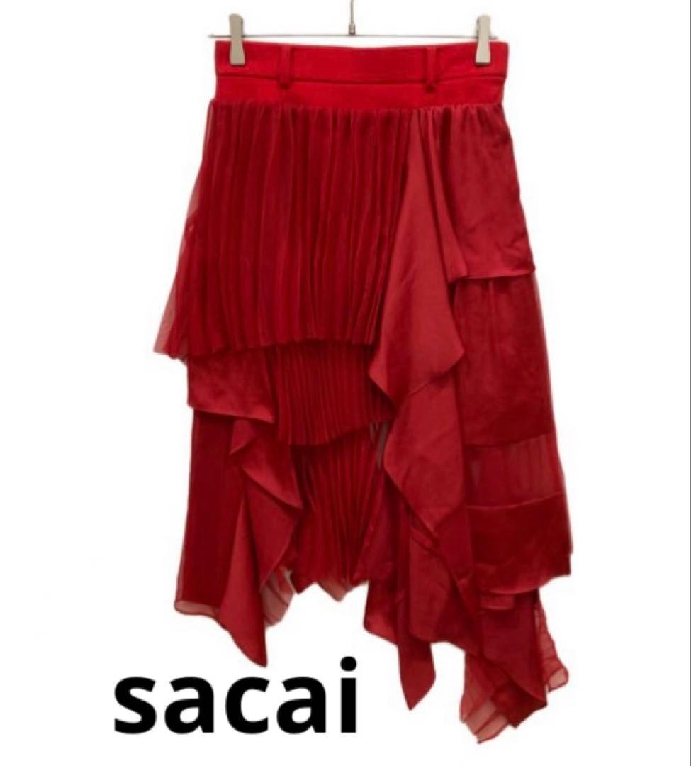 sacai サカイ Satin Mix Chiffon Mix Skirt 赤