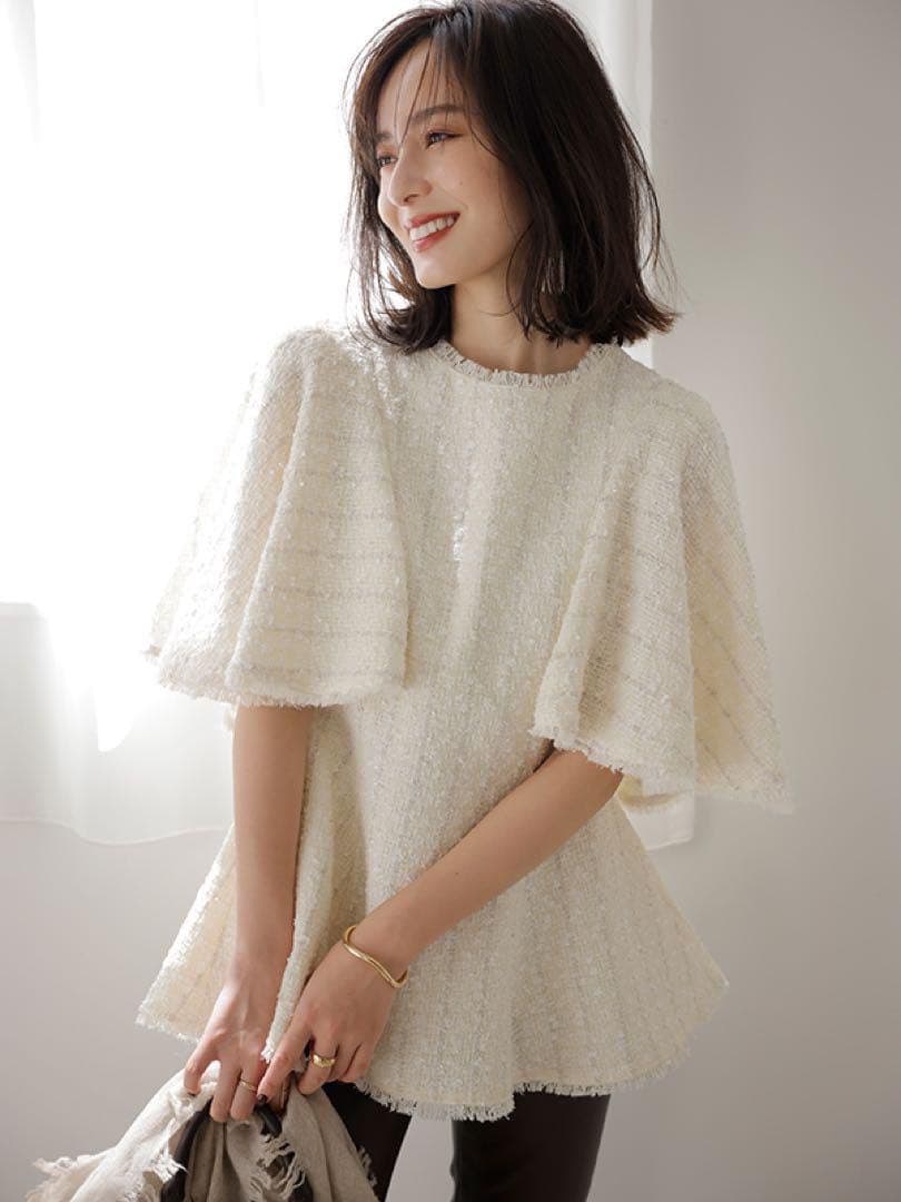 【anuans】ケープデザインツイードペプラムブラウス