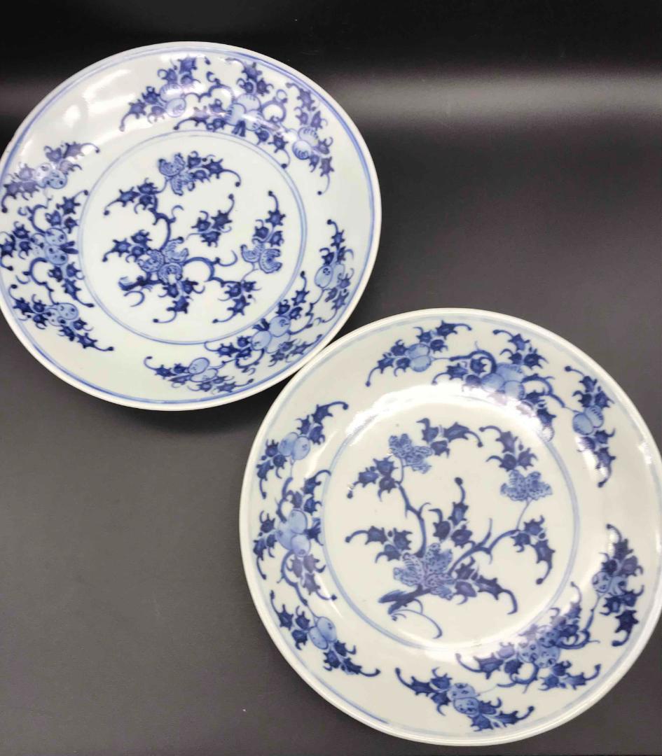 中国古美術　清雍正ー乾隆時代　染付花紋　唐草紋　皿　一対(B-2)