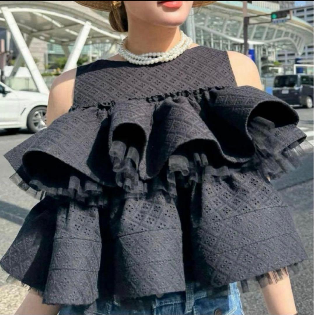 Sheller シェリエ BLOOM cotton lace tops ブラック