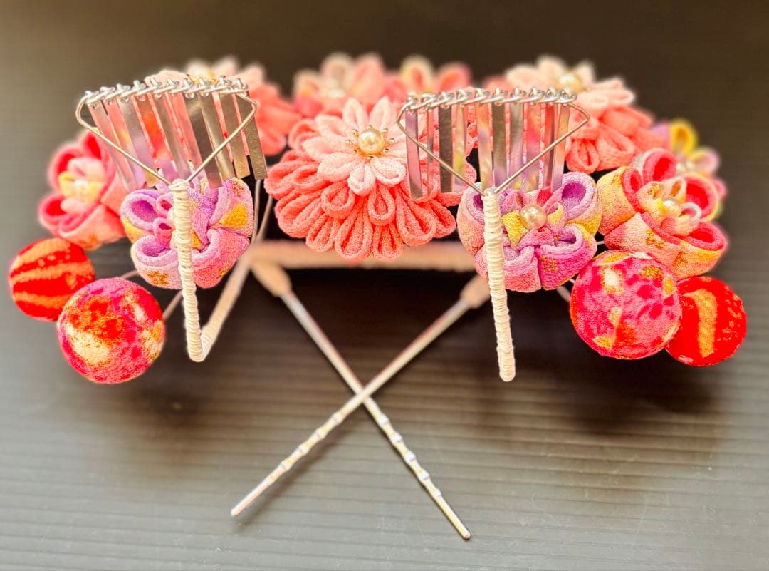 七五三髪飾りセット 7歳 つまみ細工 パステルカラー 桃錦×パールピンク 8-4