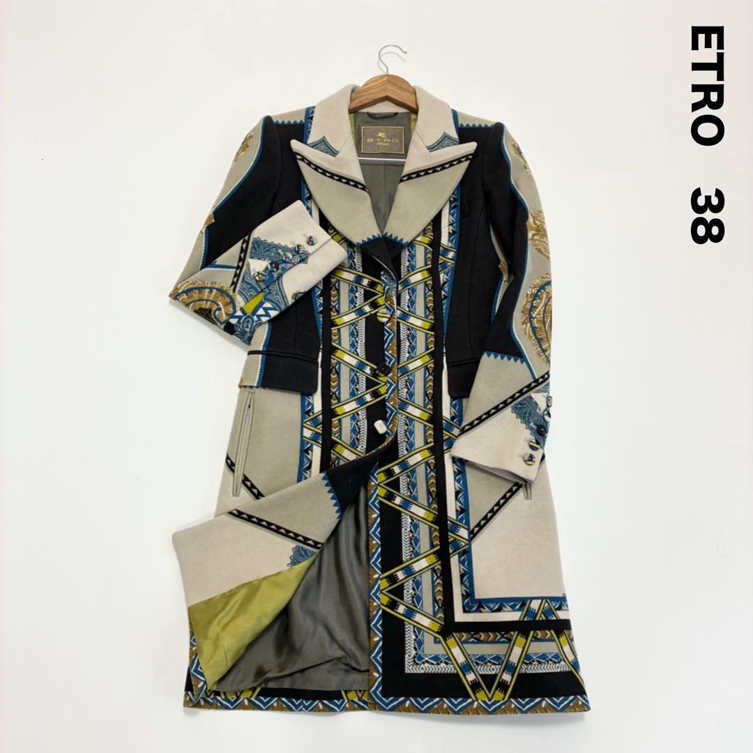 美品☆ETRO エトロ☆総柄ウールコート 38
