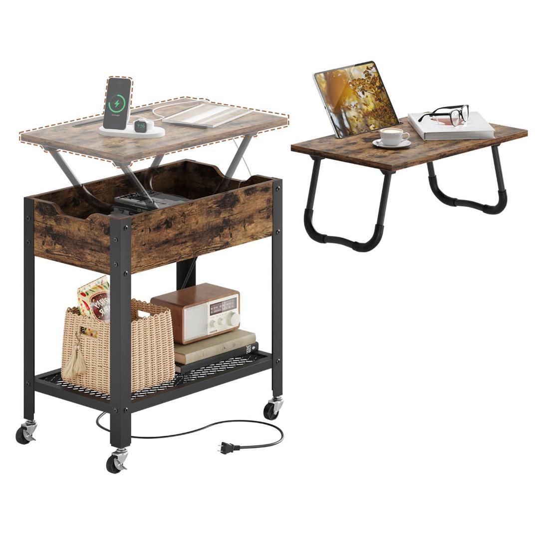一台二役 多機能変形可能サイドテーブル 充電機能付き