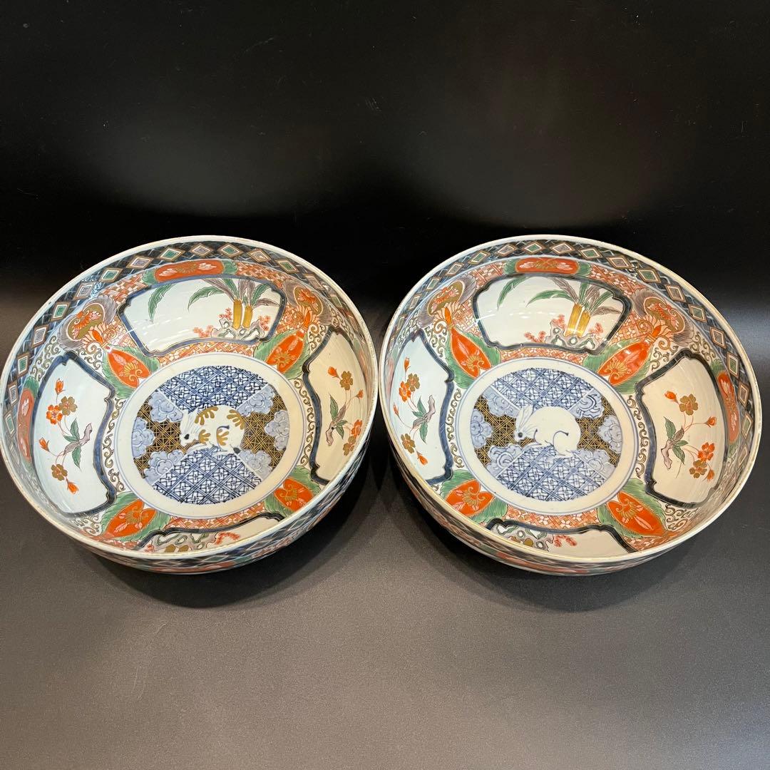有田焼 古伊万里 冨貴長春 赤絵大鉢 兎 大丼 深鉢 江戸時代 古美術品 骨董品