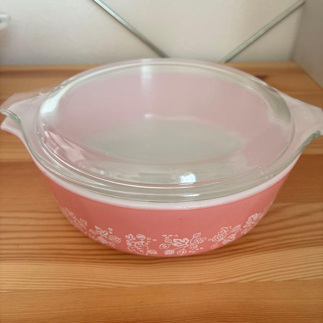 オールドパイレックス　キャセロール　ヴィンテージ　ピンクグースベリー　昭和レトロ
