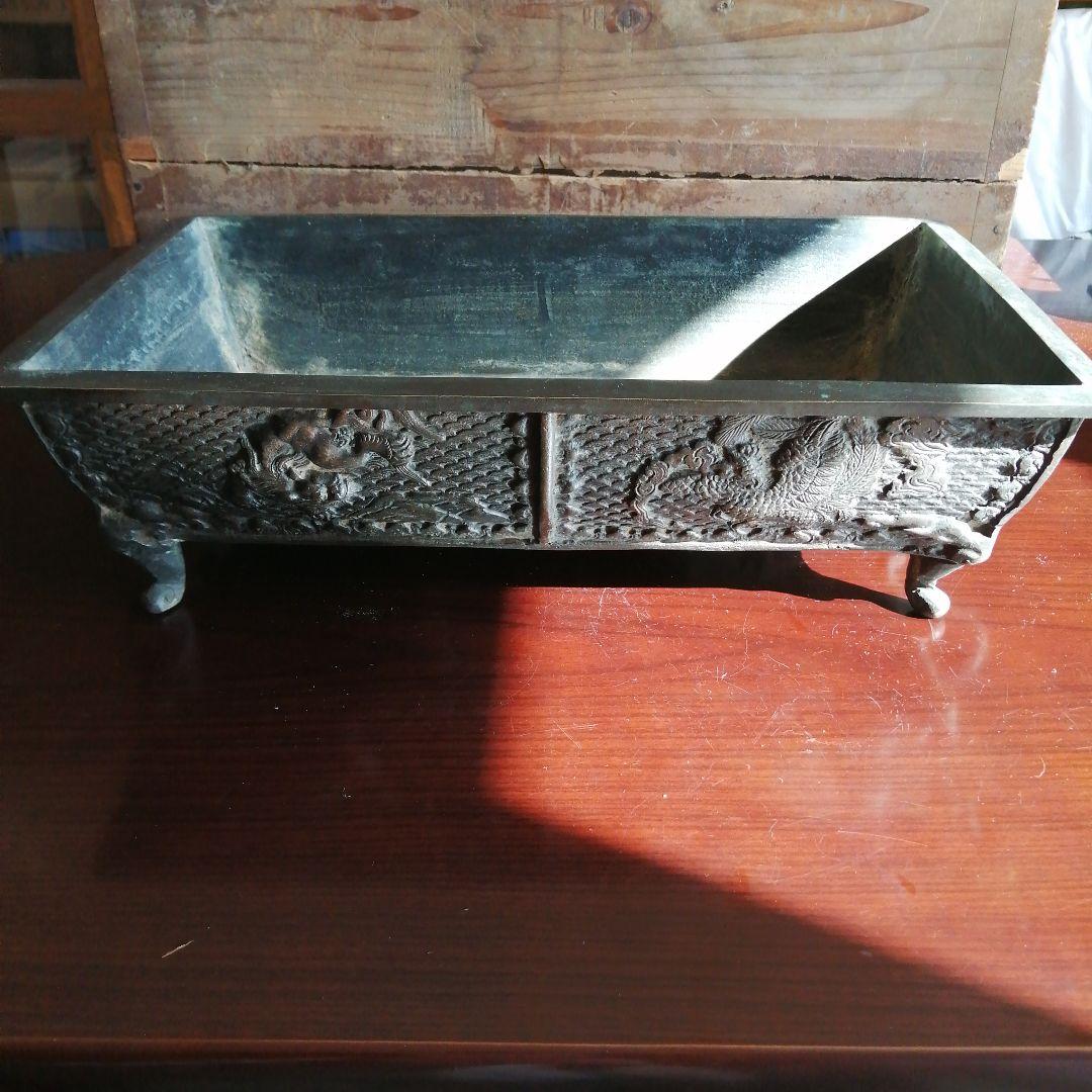 大日本大島湖珉之鋳　古銅四神波彫水盤　42cm　江戸後期