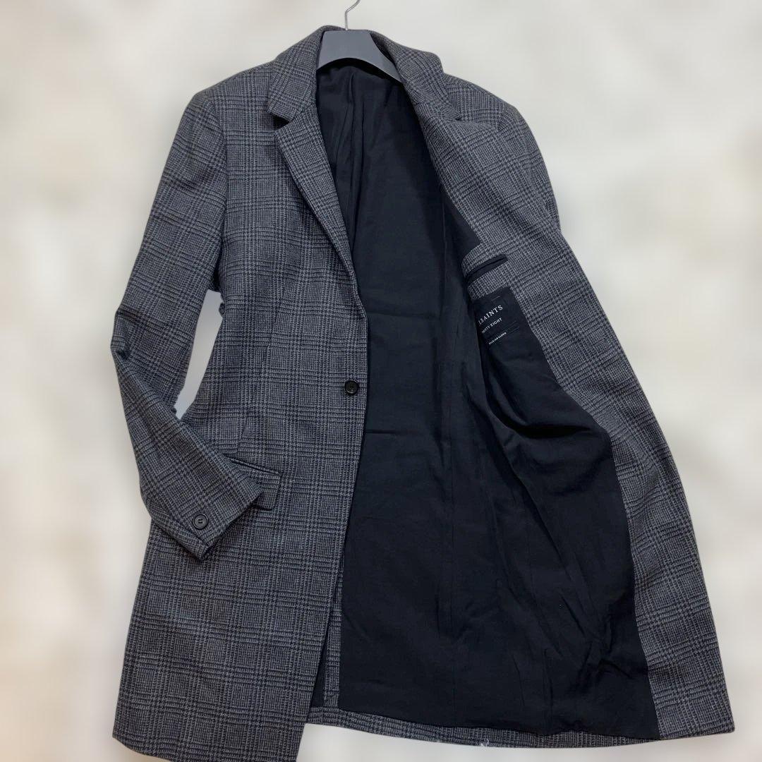 極美品オールセイエンツ チェスターコートグレンチェックイタリア製 ダークグレーM
