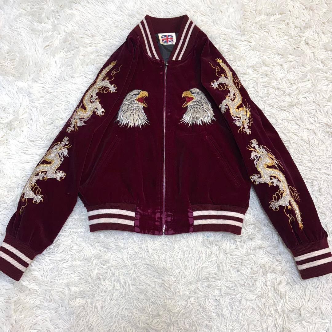 【良品】LONDON F.B. スカジャン 鷹　龍　ベロア 別珍 ボルドー M