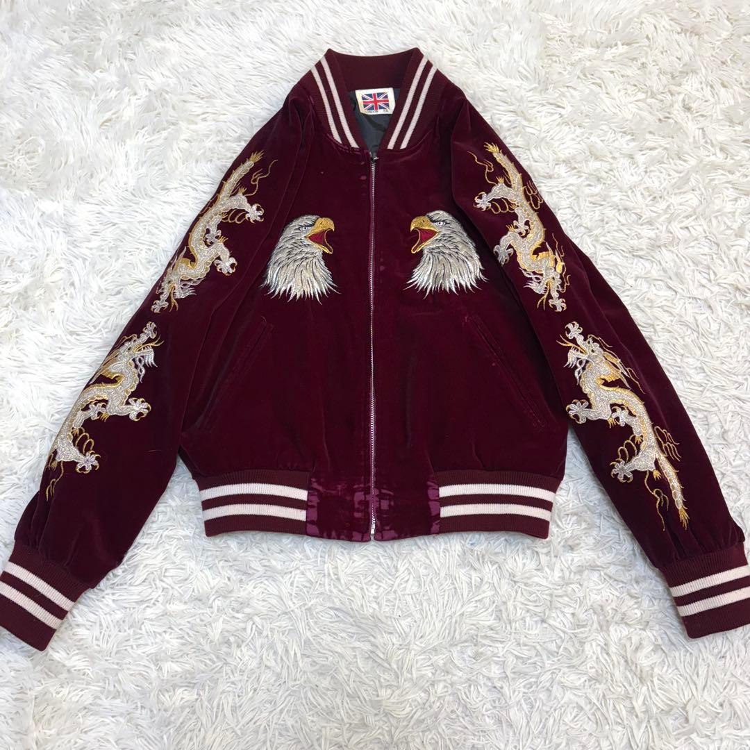 【良品】LONDON F.B. スカジャン 鷹　龍　ベロア 別珍 ボルドー M