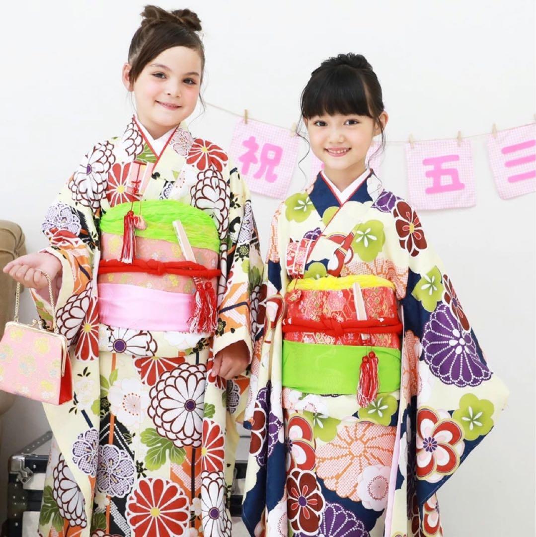 七五三 ７歳 着物フル16点セット　28.クリーム地に菊・梅と雲