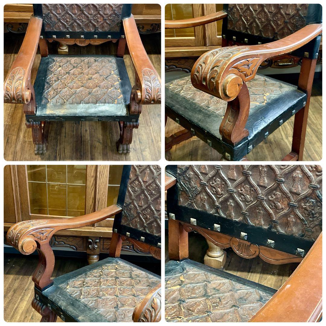 r106 スペイン製 本革型押し 迫力のある力強い印象のアンティークチェア2脚