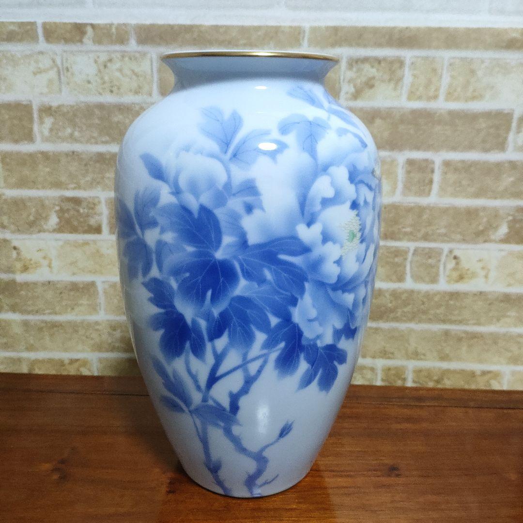 【希少】有田焼 宮内庁御用達 深川製磁 牡丹に蝶 花瓶 花生 染付官窯