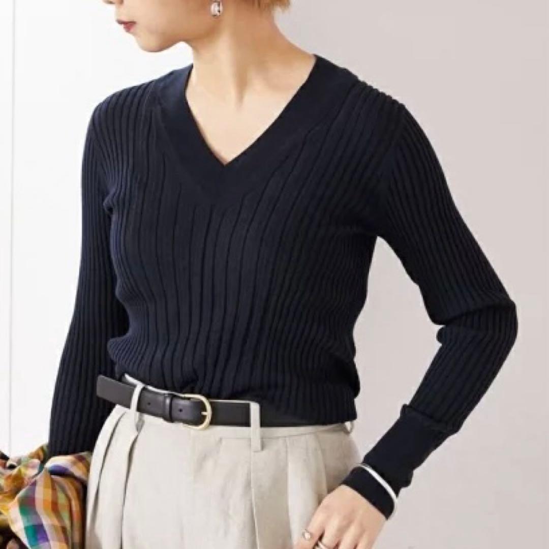 現行　ヴェルメイユ パー イエナ　リブＶネックニット　イタリアシ　ネイビー