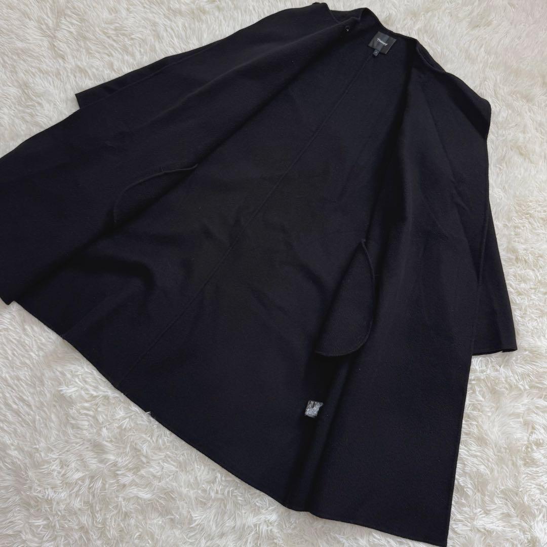 Theory ノーカラー ダブルフェイス ロングコート カシミヤ混 ブラック