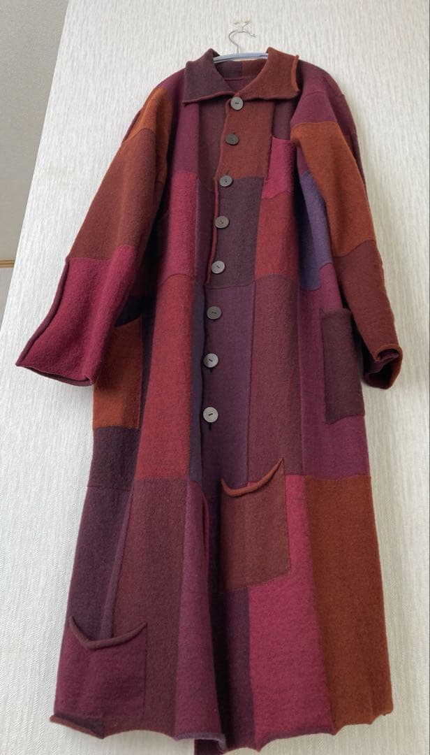 ヨーガンレール　パッチワーク風ニットロングコート　赤紫茶系 大きめゆったりサイズ