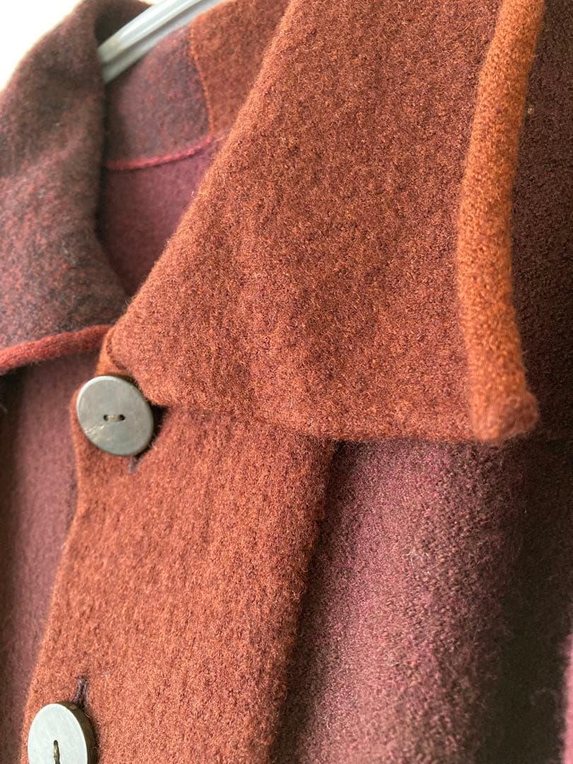 ヨーガンレール　パッチワーク風ニットロングコート　赤紫茶系 大きめゆったりサイズ