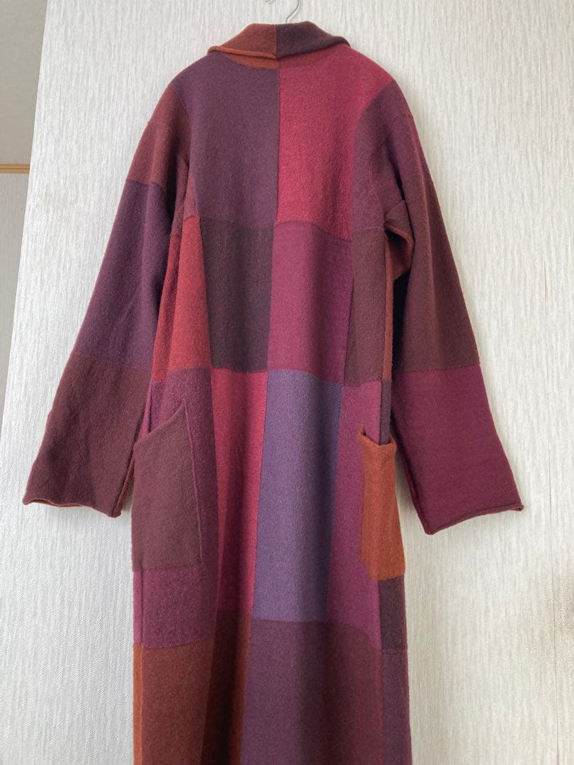 ヨーガンレール　パッチワーク風ニットロングコート　赤紫茶系 大きめゆったりサイズ