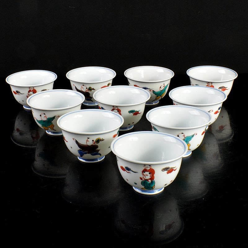 九谷焼　堀江青光作　色絵唐子文　波出茶碗　10客　共箱　V　6232C