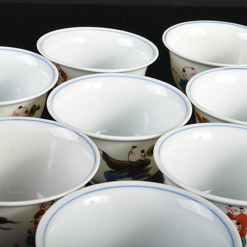 九谷焼　堀江青光作　色絵唐子文　波出茶碗　10客　共箱　V　6232C