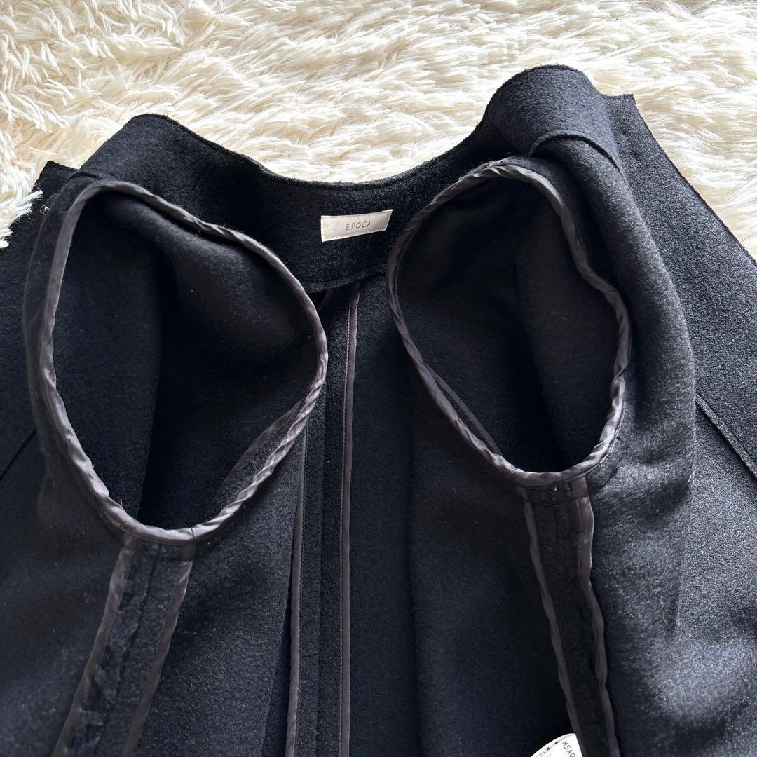 エポカ✨ノーカラー ダブルフェイス ロングコート 黒 38 カットワーク ウール