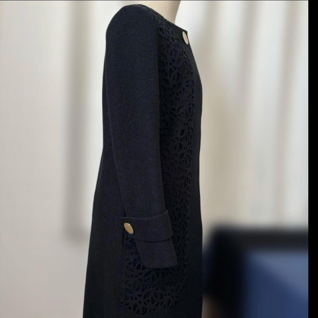 エポカ✨ノーカラー ダブルフェイス ロングコート 黒 38 カットワーク ウール