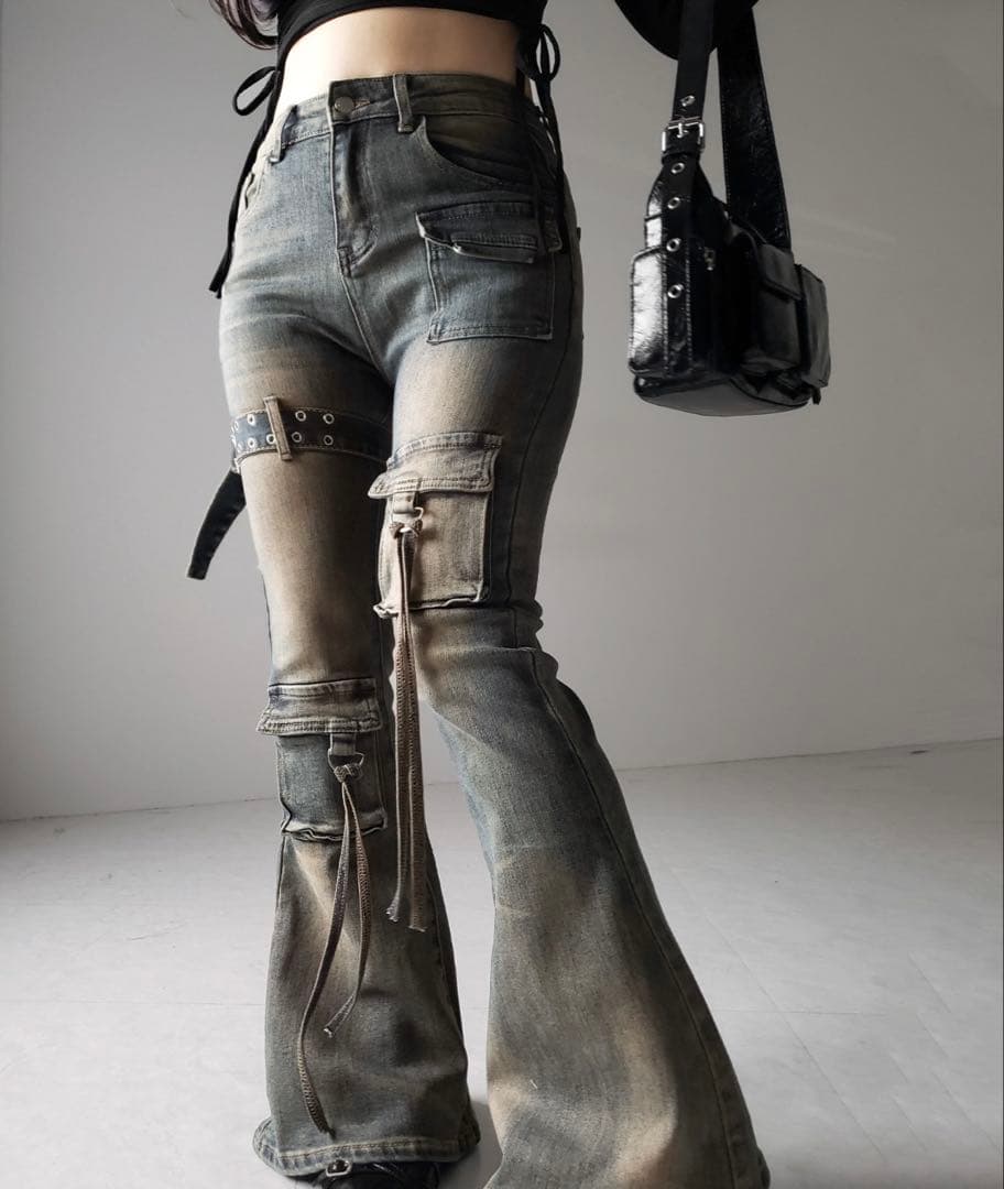 me+em select ベルテッドアウトポケットヴィンテージフレアデニム S