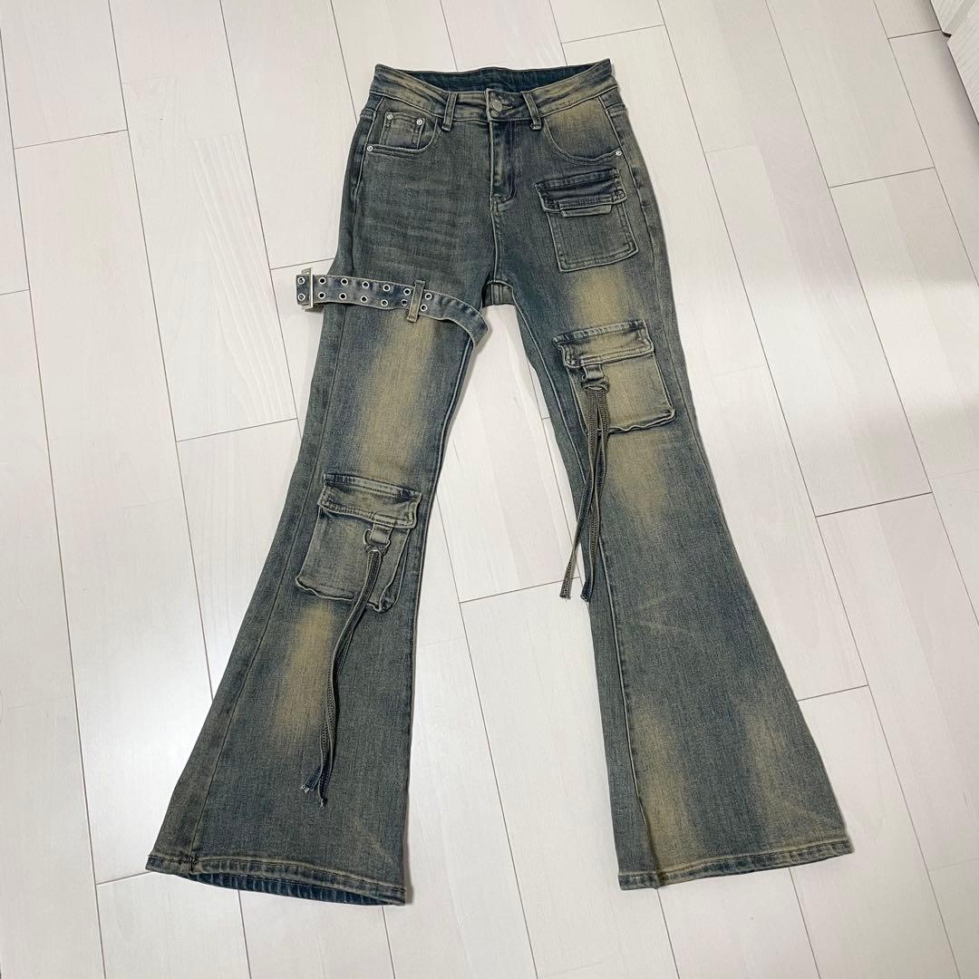 me+em select ベルテッドアウトポケットヴィンテージフレアデニム S