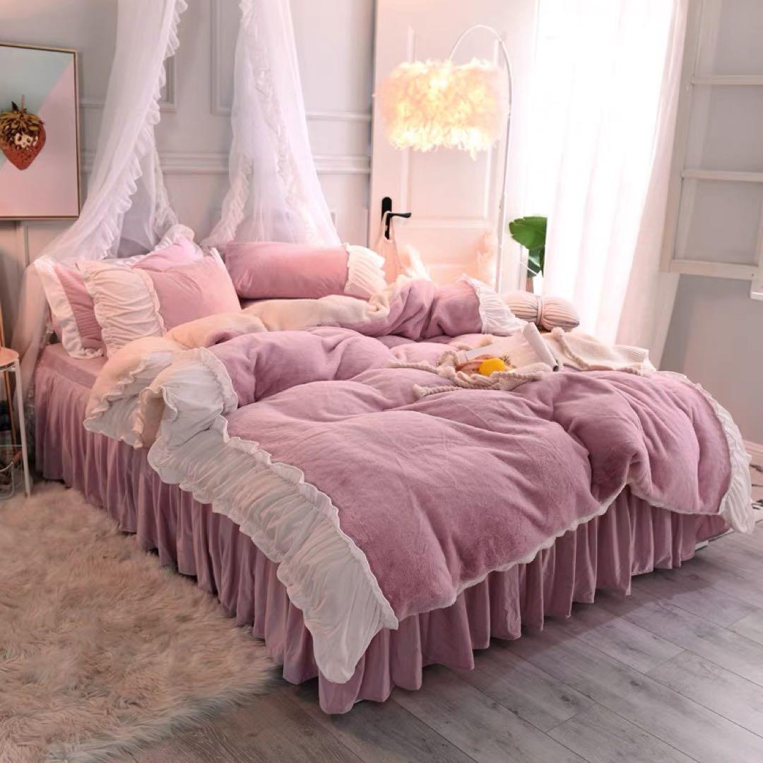 ピンク フリル付き クイーンサイズカバーセット