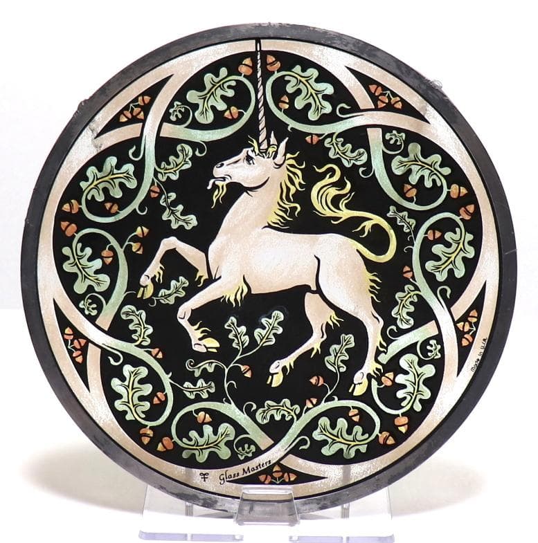 ユニコーンとオークの葉 ヴィンテージ ステンドグラス 創設者作 一角獣