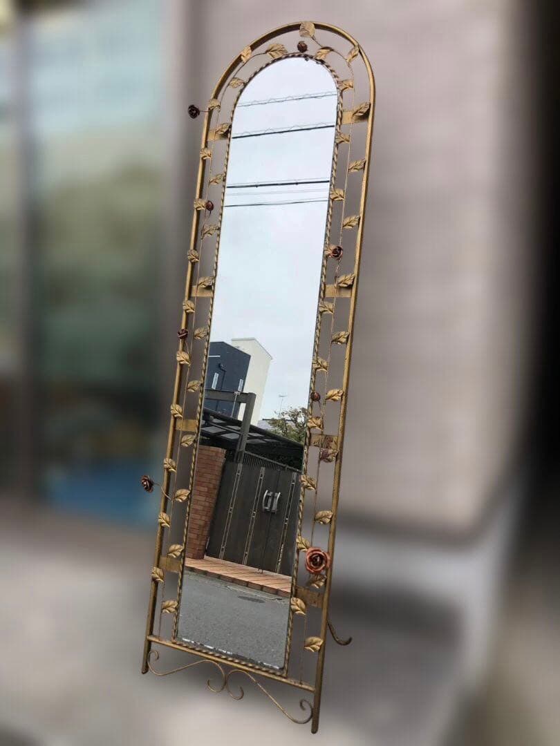 バラ装飾 アーチ型 スタンドミラー 姿見 ヴィンテージ アンティーク