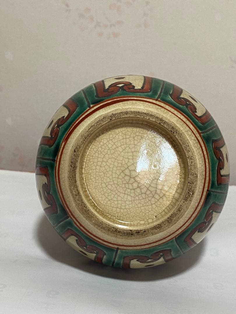 ♦赤絵 赤玉 瓔珞 鋸歯 紋様 鶴首瓶 徳利 九谷焼 越中八尾 大正時代 骨董品