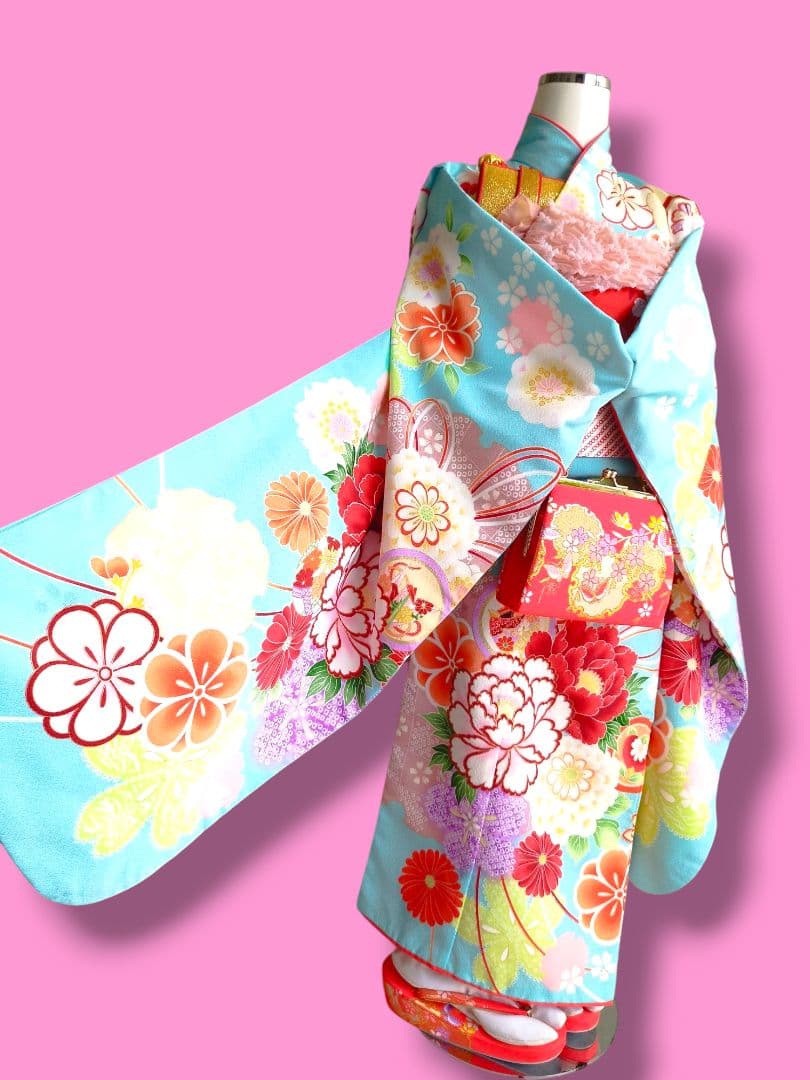 専用☆薄いブルーに大きな花薬玉が素敵☆七五三７歳フルセット