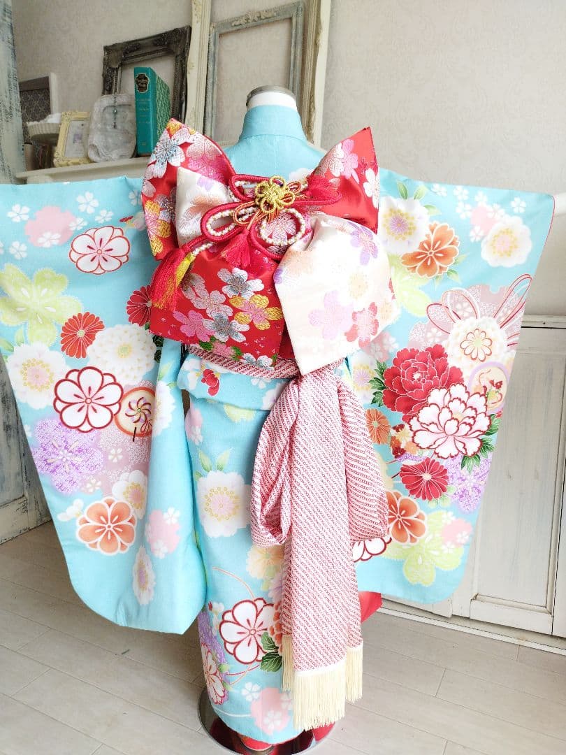 専用☆薄いブルーに大きな花薬玉が素敵☆七五三７歳フルセット