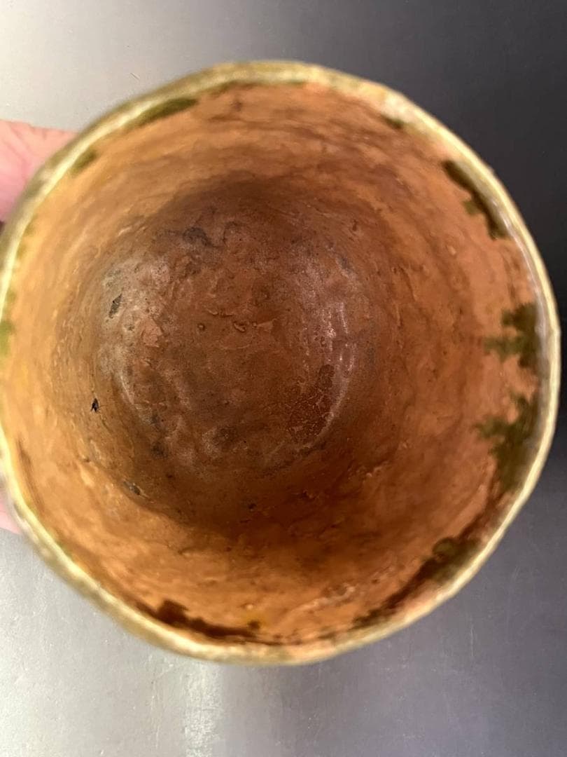 湯飲み■時代物 達摩図緑釉筒茶碗（江戸期）古織部 湯呑 箱入り 時代物 骨董品■