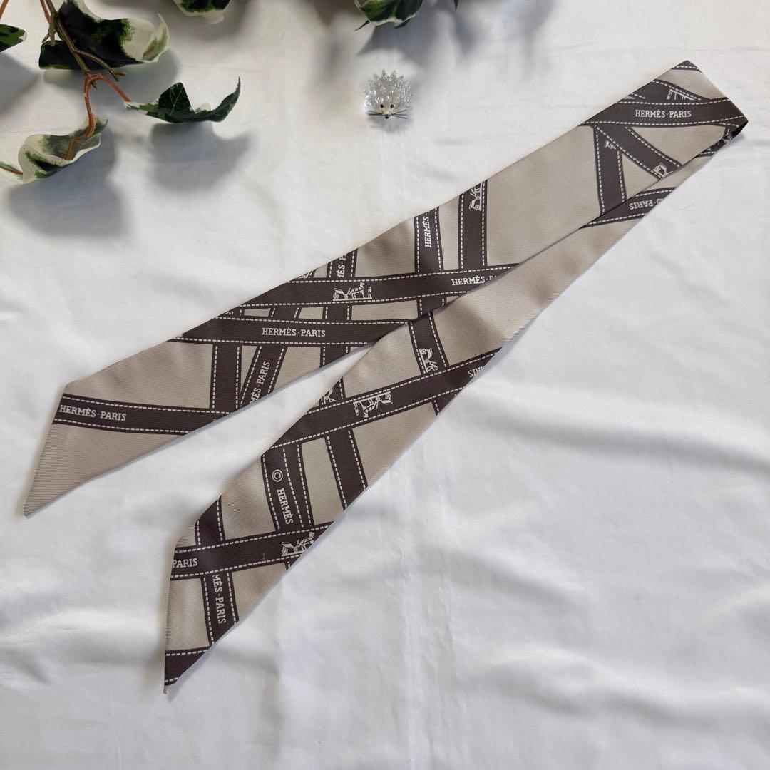 エルメス　ツイリー　 ボルデュック　リボン　グレー