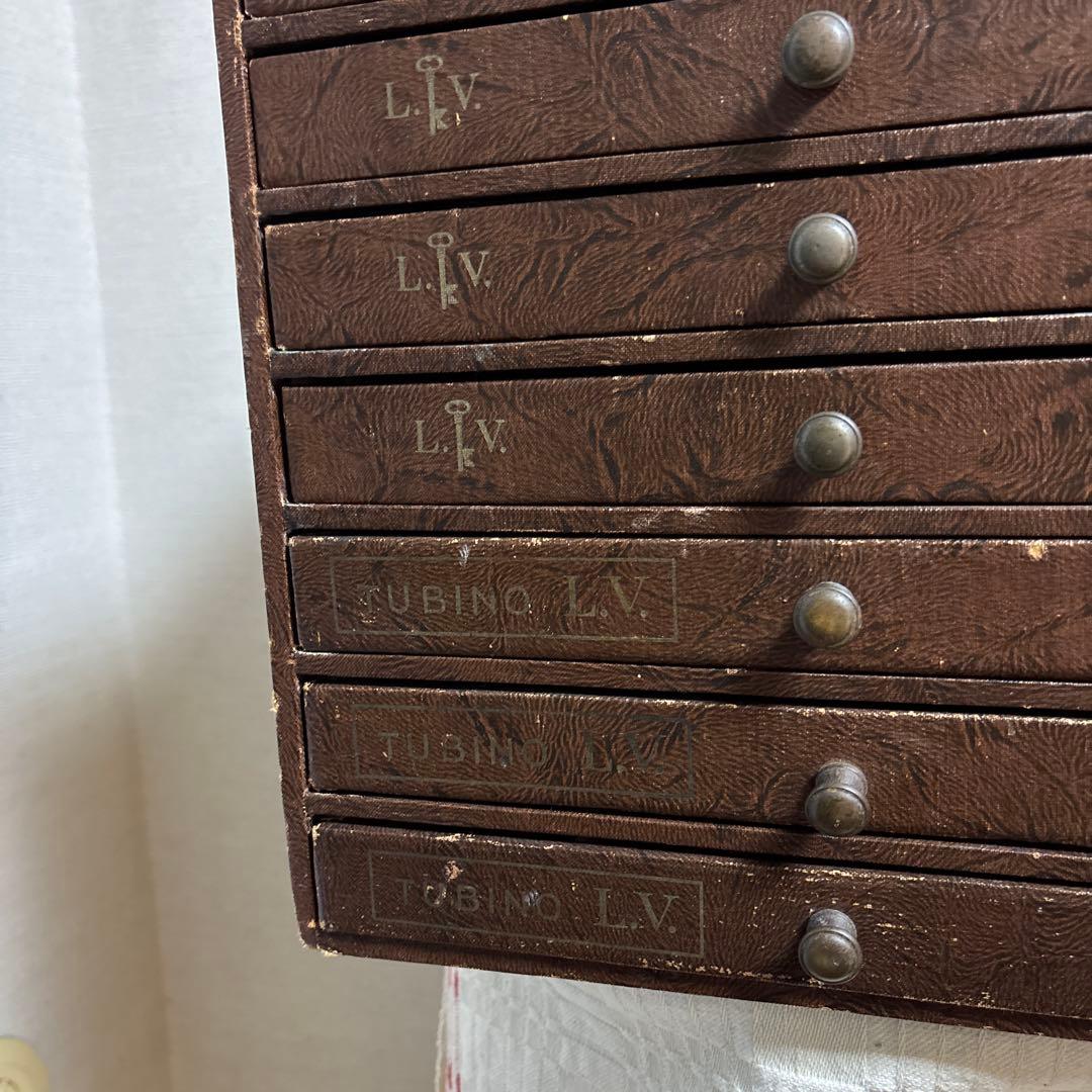 フランス　L.V. アンティーク　手芸屋糸什器　キャビネット　8段　引き出し