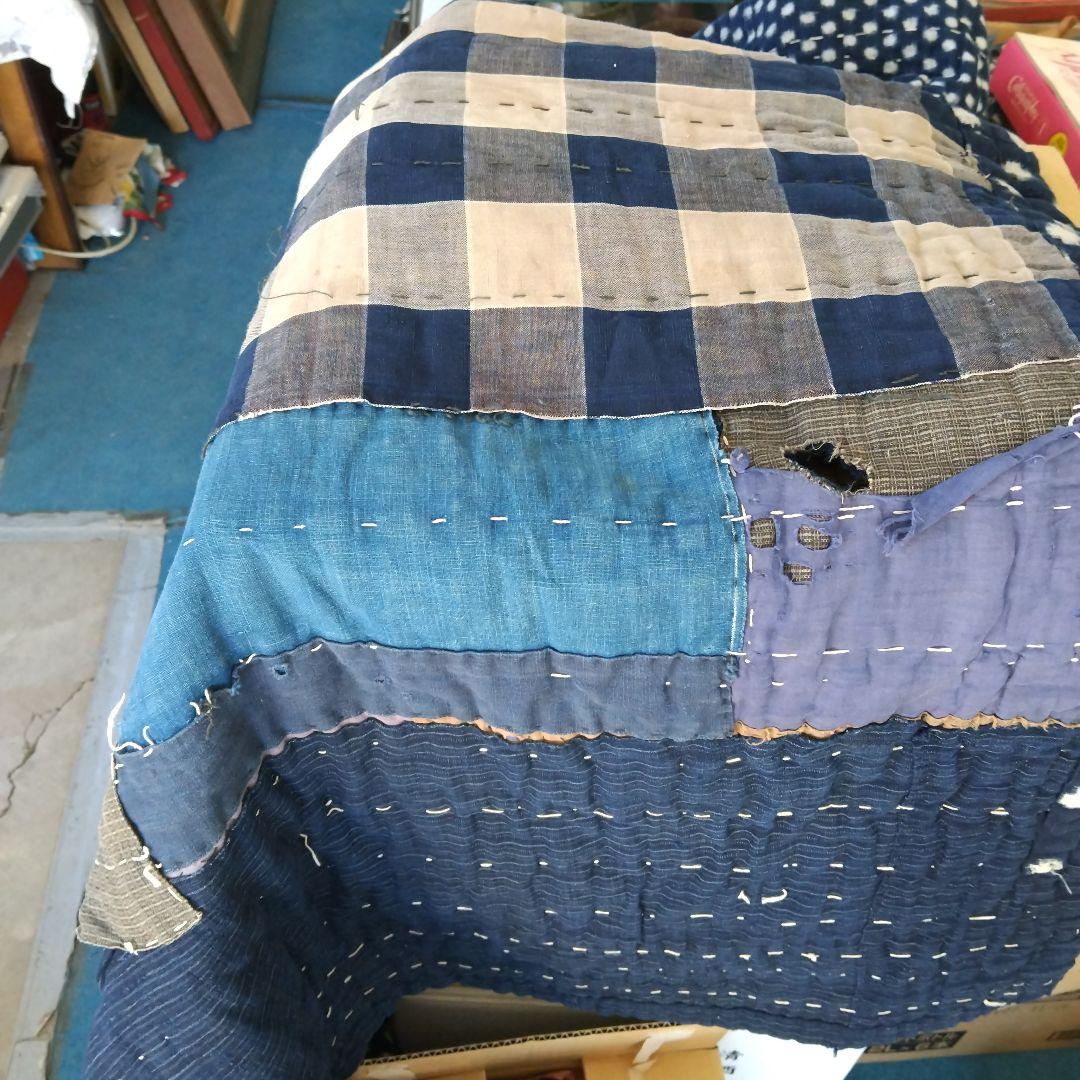 藍色 ボロ布 綿 布団 敷物 大判 骨董品 ボロ布市 明治期
