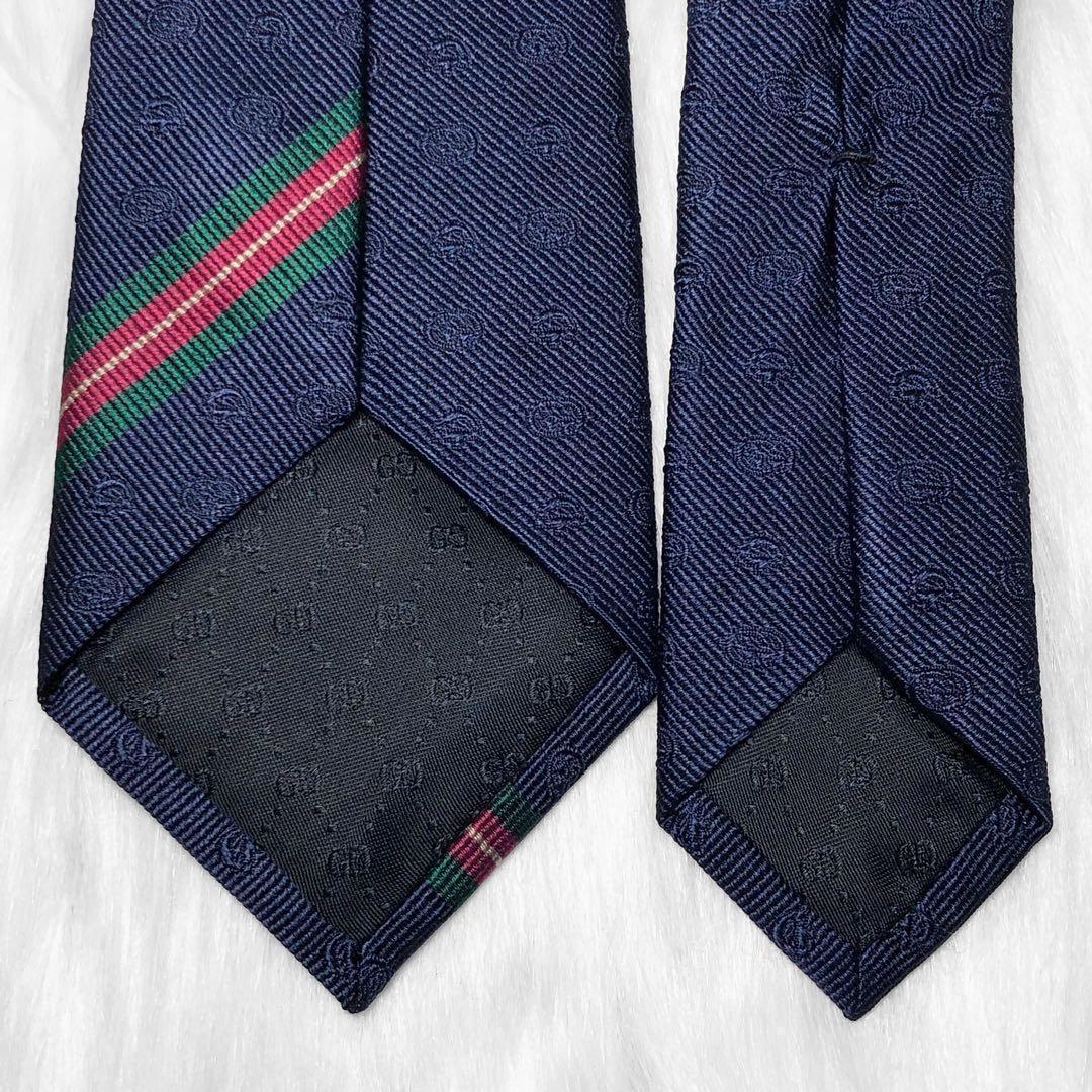 近代モデル★グッチ ネクタイ GG柄 ホースビット シェリーライン ネイビー