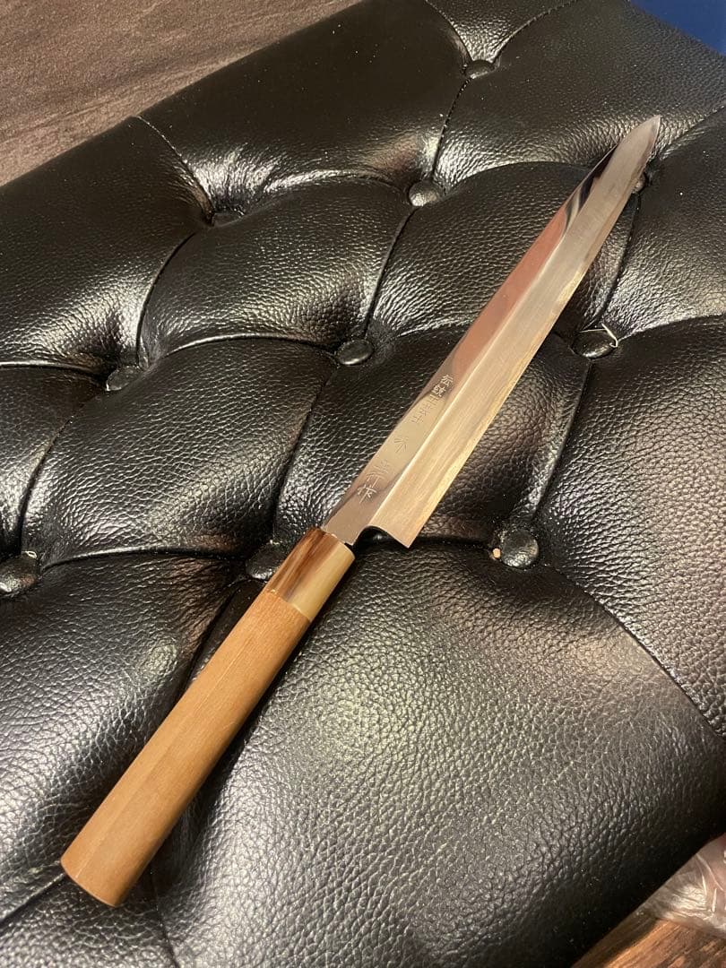 池田辰男作 柳刃包丁 尺 鏡面仕上げ 青鋼 霞 未使用