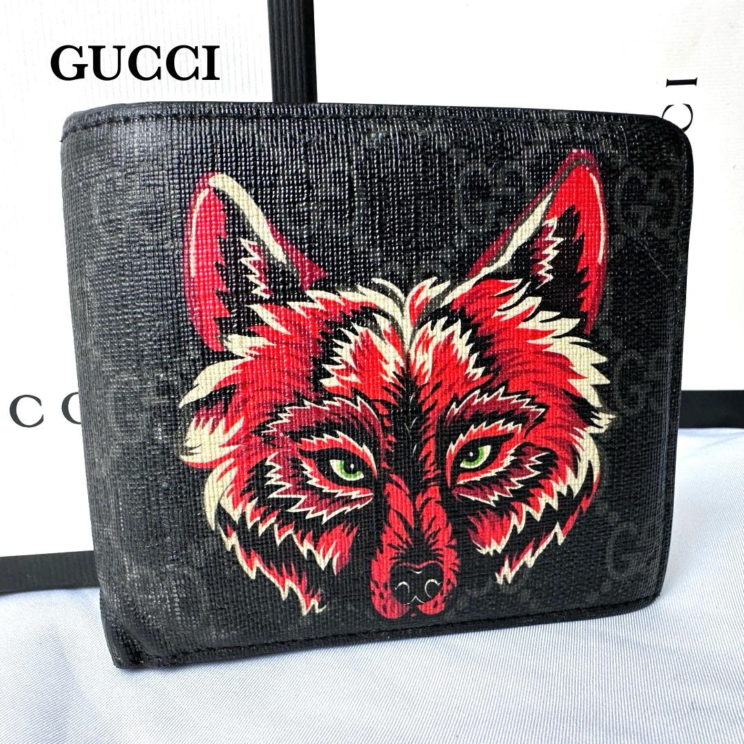 GUCCI グッチ 折り財布 ウルフ GGスプリーム ブラック レザー